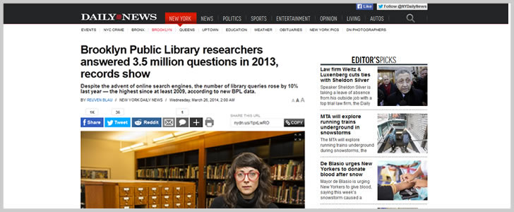 Brooklyn Public Library researchers answered 3.5 million questions in 2013
